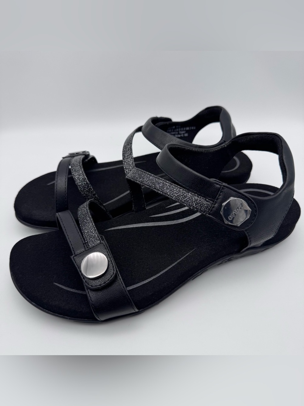 Aetrex Jess Sandals Black Glitter Straps Women Size 10.5-11 Comfort Orthotic